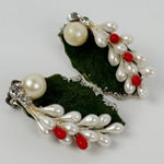 Vintage Christmas Holly Clip On Earrings Faux Pearl Mistletoe Holiday Jewelry Photo 0