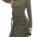 Casual Long Sleeve Tie Waist Ruched Bodycon Mini Crew Neck Cocktail Dress Green S Photo 1