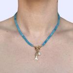 Handmade Gold Fish & Pearl Charm Blue Glass Bead Necklace⭐️ Photo 0