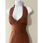 ZARA  Halter Neck Linen Blend Midi Dress Brown Back Lace-Up Back Slit Size L Photo 3