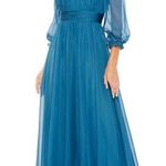 Mac Duggal NWT  68225 Chiffon Ruched Illusion Raglan Sleeve Ruffled Gown Ocean 4 Photo 0