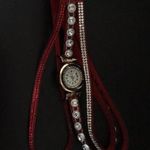 Red Suede Wrap Bracelet Watch w Rhinestones Photo 1