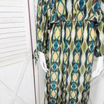 ZARA  Geometric Print Sateen Maxi Dress Green Blue Tan Long Sleeve Small Photo 6