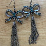 Handmade Oxidized Silver Tone Blue Crystal Bow Tassel Dangle Earrings Photo 0