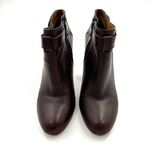 Coach Sondra Brown Leather Heeled Ankle Boot with Gold Logo Buckle Strap Photo 1