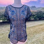 White House | Black Market Black Mesh and Blue Floral Embroidered Short Sleeve Top Photo 7