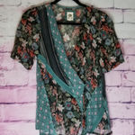 Anthropologie  TINY FLORAL TEAL MIXED MEDIA SHEER WRAP FRONT FLOWY BLOUSE S Photo 0