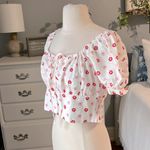 Molly Bracken  White Peasant Top Pink Floral Cotton Crop Womens Medium Smocked Photo 2