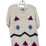 None Y2K 90’s Women's Short Sleeve V-Neck Ribbed Knit Abstract Print Sweater White Si Photo 1