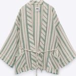 ZARA  The Beth Kimono Jacket Rustic Green Tan Stripe Belted Woven Cotton Photo 6