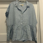 C&C California Cynthia Rowley Blue Linen Top Sz Large Short Sleeve Ruffle Peplum Henley Collar Photo 0