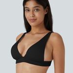 Halara  Black Ribbed Deep V Tie Back Bikini Top Photo 0