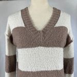 Hippie Rose Hippie‎ Rose V-Neck Striped Pullover Sweater Brown Cream Knit Cozy Womens Small Photo 1