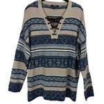CHAPS  Western Sweater Blue Tan Pullover Striped Neckline Crisscross Tie Size L Photo 0
