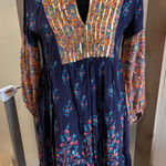 World Market Embroidered Notch Neck Boho Peasant Long Sleeve Midi Dress Floral Photo 0