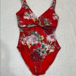 Nine West Red Floral One Piece V-Neck Swimsuit Size S Photo 1