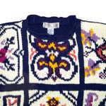 Vintage 80s 90s Blue Floral Granny Square Tile Oversized Crewneck Knit Sweater Size M Photo 3