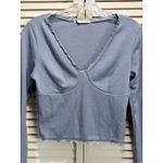 Active USA  Blue Ribbed Long Sleeve Crop V Neck‎ Lace Trim Top Size Medium Photo 1