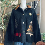 Vintage Tasha Polizzi Sherpa Coat Rustic Holiday Christmas Tree & Truck Appliqué Black Size M Photo 0