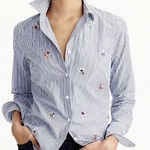 J.Crew Perfect Pinstripe Button Up Bee Insect Embellishment Jewels Blue White 0 Photo 0