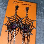 Betsey Johnson π Dark Magic Silver Tone Spider Web & Spider Drop Earrings NWT Photo 1