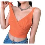 Ribbed Knit Crop Top Tangerine Orange Sleeveless V‎ Neck Cami Tank Photo 4