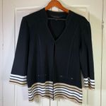 Ming Wang Black Knit Jacket Medium 3/4 Sleeve Striped Hem Metal Buttons Classic Photo 0