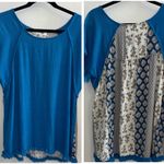 Umgee  Blue Frayed Hem Mixed Print Boho Top Large Photo 1