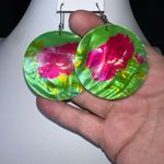 Vintage Hand Painted Large Shell Disc Earrings Pink Photo 2