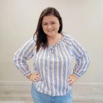 J.Crew  White & Light Blue Striped Tie-Front Ruffle Top - Size XL Photo 0