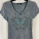 Apt. 9  Gray Ribbed Top with Turquoise and Rhinestone Butterfly Whimsigoth Photo 6