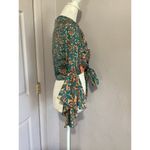 Anthropologie Rasa Blue Beige Floral Satin Flutter Sleeve Tie Waist Blouse XS Photo 2