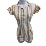 st. john's bay  Orange Striped Smocked Front Ruffled Sleeve Collared Blouse XL Photo 1
