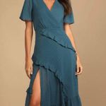 Lulus Next To You Slate Blue Swiss Dot Ruffle Dress Photo 0