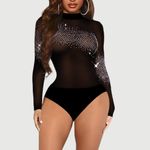 NWOT Elegant‎ Black Sheer Rhinestone Bodysuit XL Photo 3
