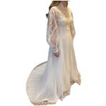 Vintage 1960s Lace Illusion High Neck Bridal Wedding Gown w/ Train XS White Photo 13