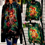 Halloween Retro Floral Skull Printed oversized hoodie O/S Green Size undefined Photo 1