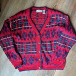 Countryside Classics vintage Red and blue plaid and argyle knit cardigan. Medium Photo 0