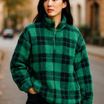 Aerie OFFLINE Green Black Plaid Quarter Zip Fleece Pullover XXL/TTG Photo 0