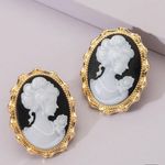 Anthropologie New! Black & White Gold Trim Portrait Cameo Oval Vintage Style Fun Earrings New Photo 4