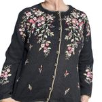 Black Dark Floral Embroidered Cardigan Sweater Ramie Cotton Button Front Large Photo 0