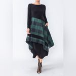 IC Collection XS Boat Neck Asymmetrical Layer Mix Dress Hunter Green Long Sleeve Black Photo 1