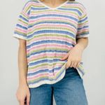 vtg cottagecore dainty scalloped pastel striped knit sweater ramie cotton top Pink Size XL Photo 2