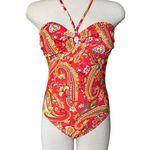 Ralph Lauren Pink Orange Aqua Sunrise Paisley One Piece Bandeau Swimsuit Size 10 Photo 2
