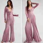 Free People NEW  Pink Long Sleeve Knit Flare Pleated Lady Luck Jumpsuit, L‎ Photo 1