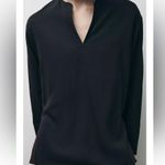 ZARA NWT black flowy long sleeve blouse viscose blend with brown side stripe Photo 3