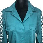 Sharagano Teal Lattice Sleeve Knit to Fit Blouse - Size Medium Photo 1