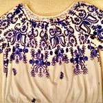Perceptions PerSeption top blouse - petite large - blue and off white filigree pattern Photo 4