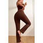 Solid Ribbed Pajama Set, Lettuce Trim Cami Top & Elastic Waistband Pants Brown Size M Photo 1