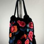Black Wayuu Colombia Mochila Fuzzy Floral Bucket Bag Pom Poms (b38) Photo 0